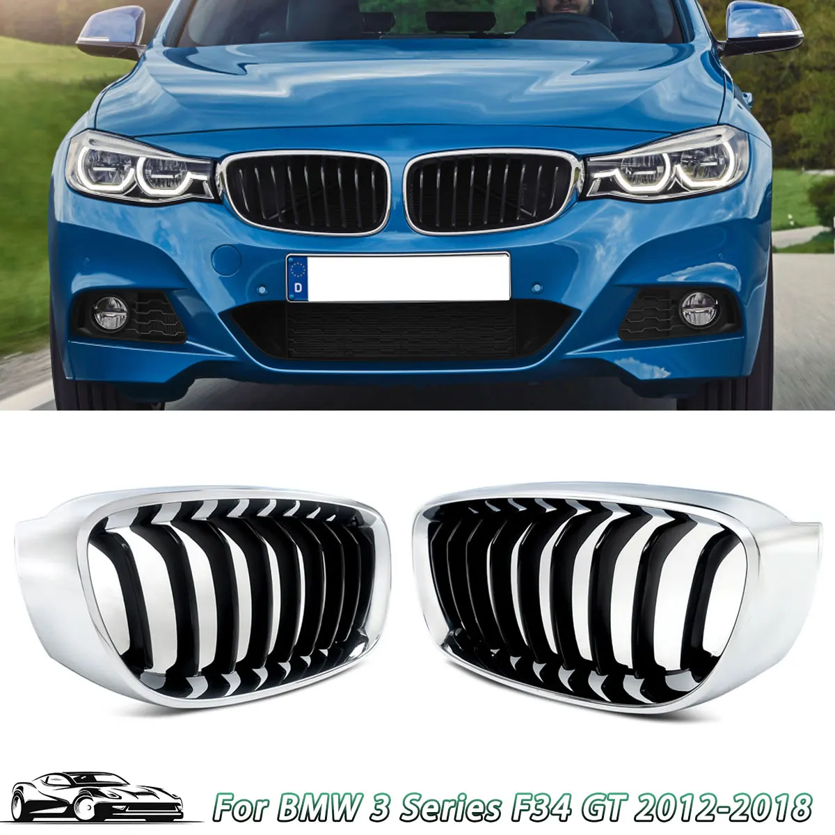 

Chrome & Black Left & Right Front Kidney Grille For BMW F34 328i 335i 3 Series GT 13-19