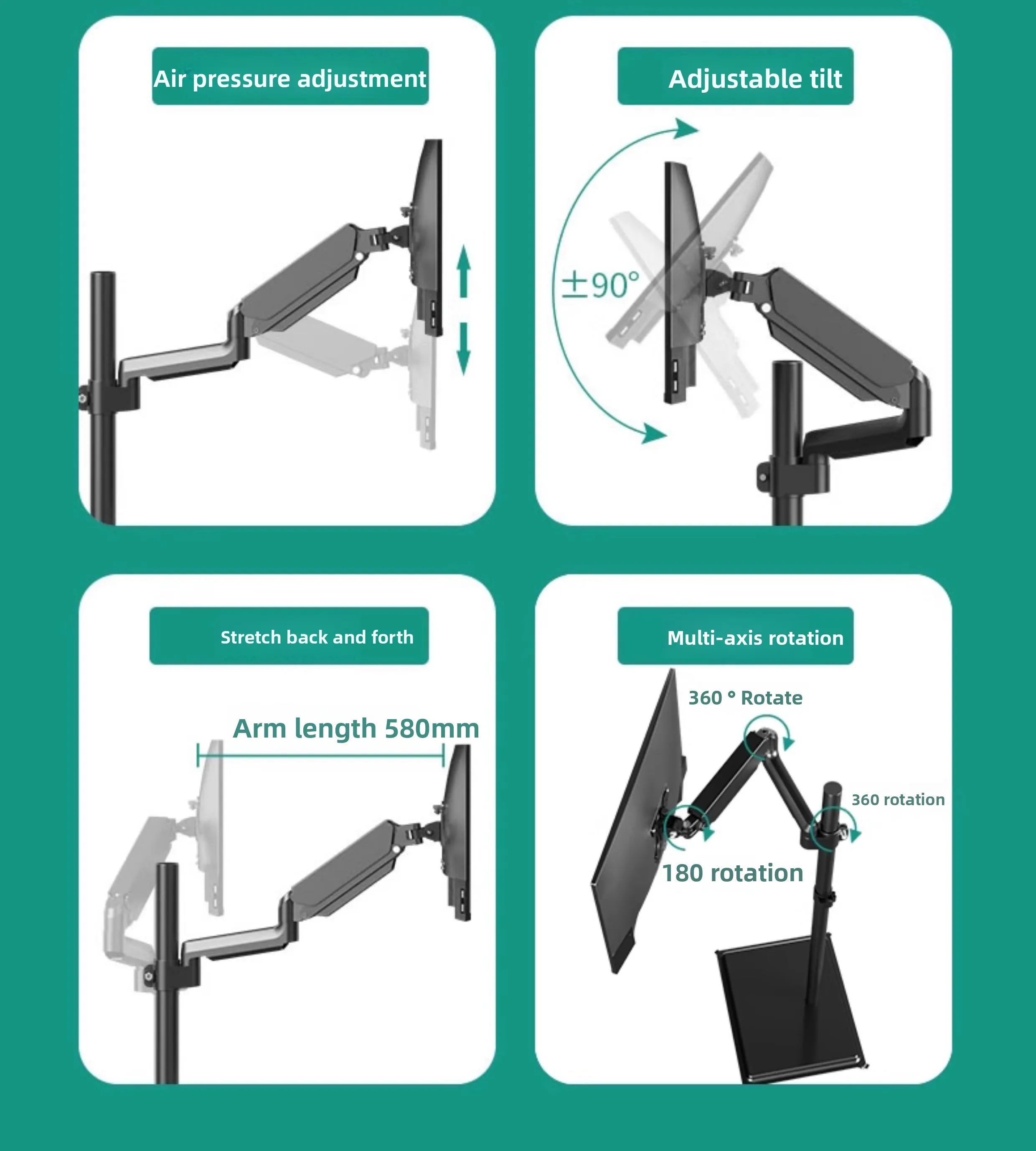 Adjustable Mobile Standing Desk Riser with Ergonomic Monitor Arm and Keyboard Tray