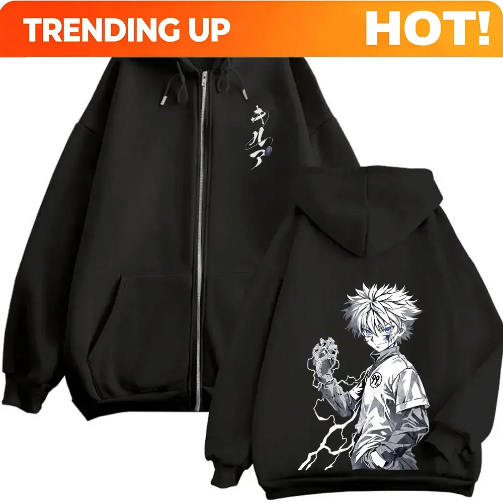 Customization Anime Hunter X Hunter Zipper Hoodie Killua Zoldyck Merch Zip Up Jacket Men Casual Retro Zip Up Sweatshirt Cosplay