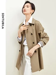 SENTUBILA Vintage Double-breasted Belted Trench Coat for Women 2024 Autumn Simple Elegant Jackets Long Sleeve Lapel Outerwear