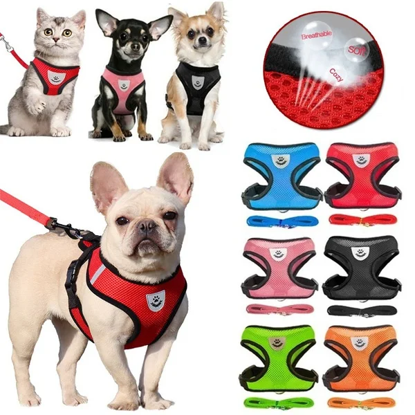 Conjunto de arnés y correa para mascotas, chaleco ajustable transpirable de malla suave para caminar para gatos y perros, correa para el pecho