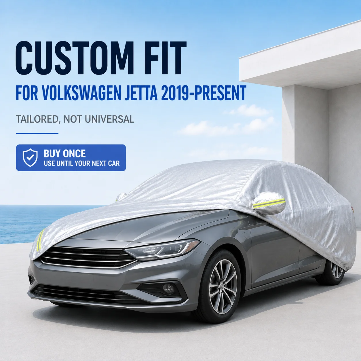 For Volkswagen Jetta 2019-Present Custom Fit Full Car Cover Silver Coated Fabric Side Zipper Access UV Sun Dust