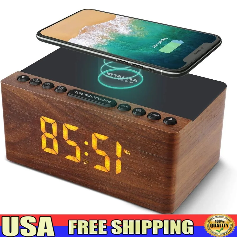 

Цифровой светодиодный будильник, FM-радио, быстрое беспроводное зарядное устройство, USB-порт, регулируемая яркость, 5 Вт, беспроводная зарядная станция для iPhone
