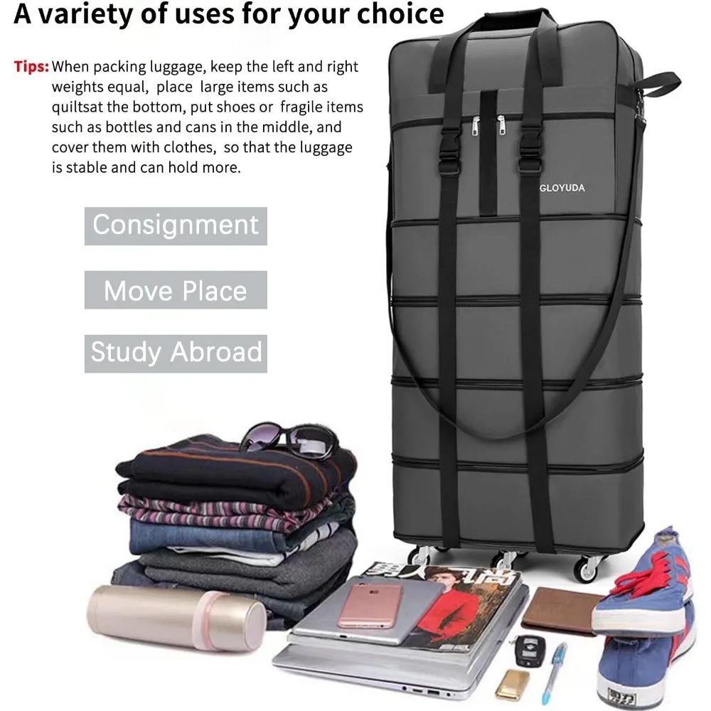 حقيبة أمتعة قابلة للطي وقابلة للتوسيع، حقيبة مقاس 42 بوصة مع عجلات دوارة، حقيبة واق من المطر مع عجلات ومقبض، أمتعة قابلة للطي،