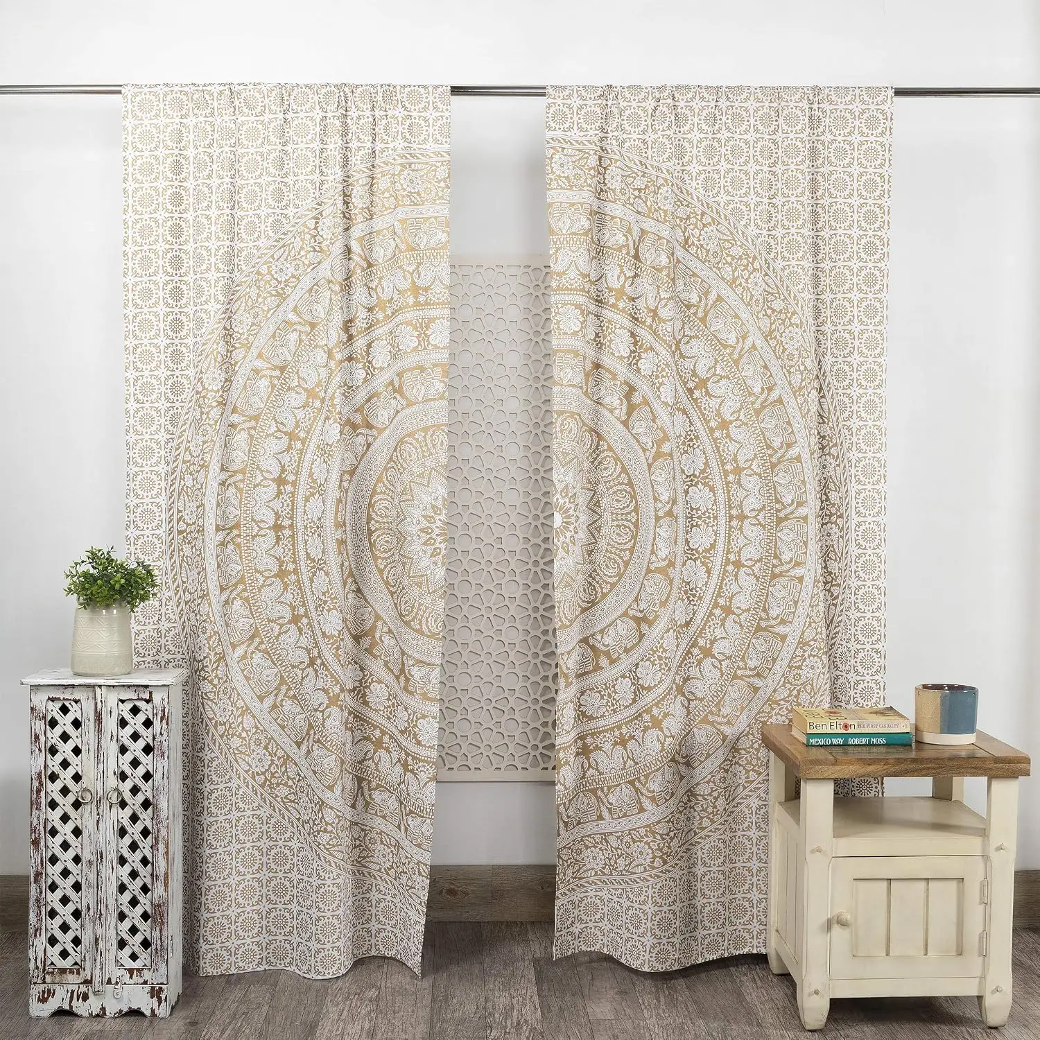Elegant Moroccan Damask Print Curtains Pair Polyester Window Drapes for Living Room Bedroom Bohemian Home Decor