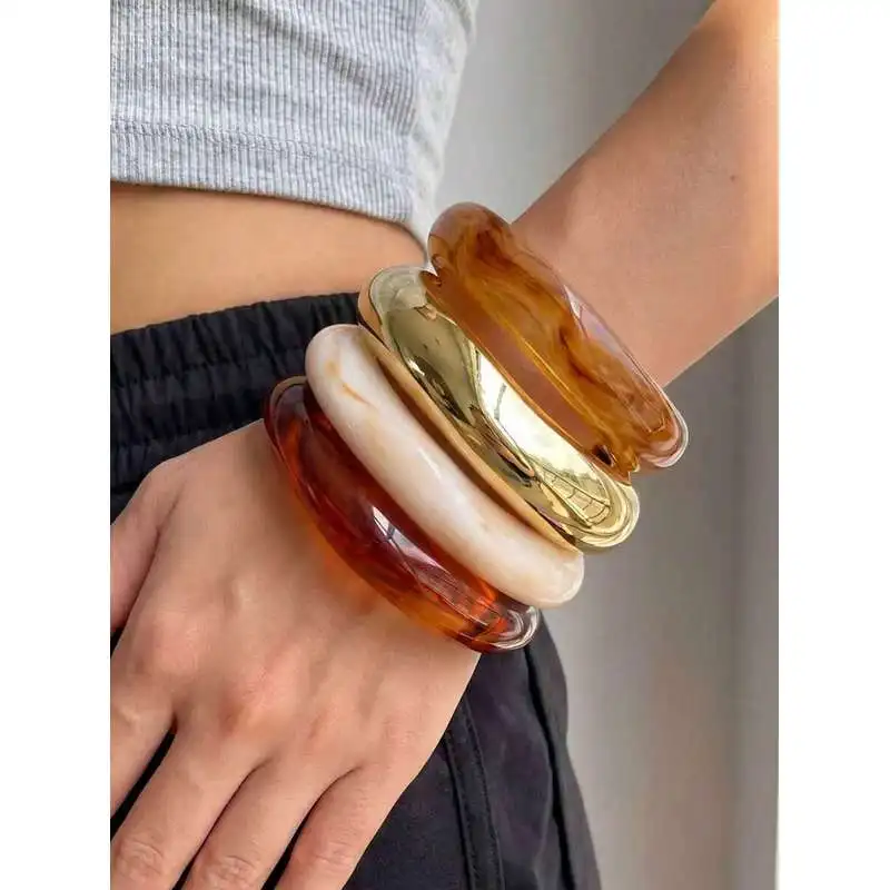4pcs Women Wide Chunky Stackable Bangle Vintage Marble Swirl Resin Acrylic Bracelet Daily Jewelry Gift