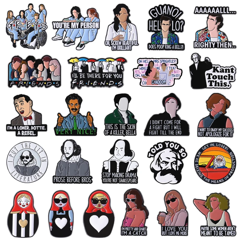 Alfileres esmaltados de personajes de programa de televisión, películas de comedia, membres de la banda de rol, broches de muñecas Matryoshka, insignia de solapa, regalos de joyería para amigos