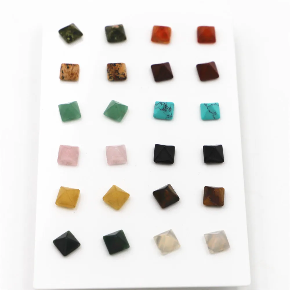New Simple Trendy Geometric 8*8mm Natural Stone Stud Earrings Pyramid Mix Color for Women Fashion Cute Small Wholesale 12Pair