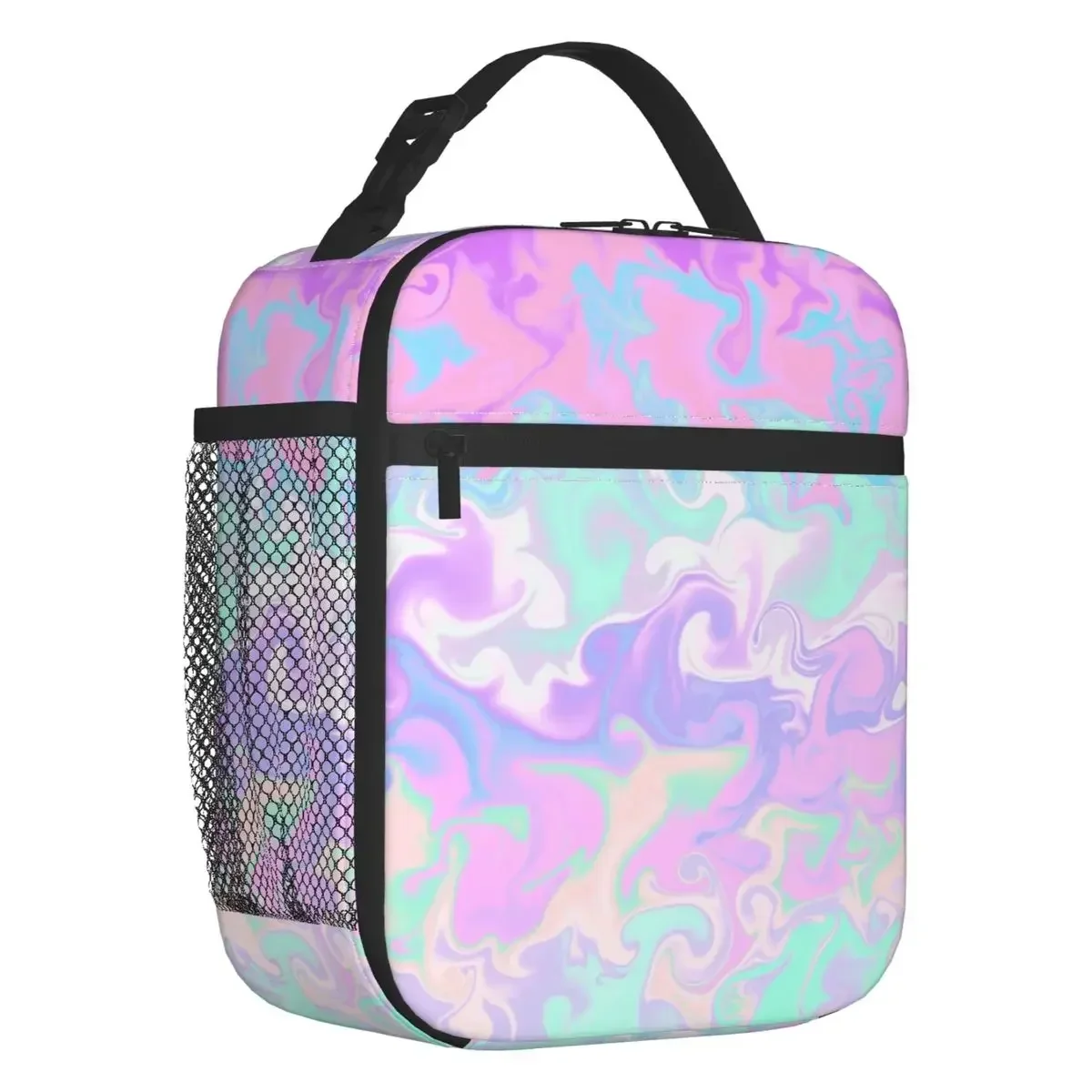 Holographic Pastel Tie Dye Pattern Insulated Lunch Bag for Women Waterproof Thermal Cooler Bento Box Beach Camping Travel