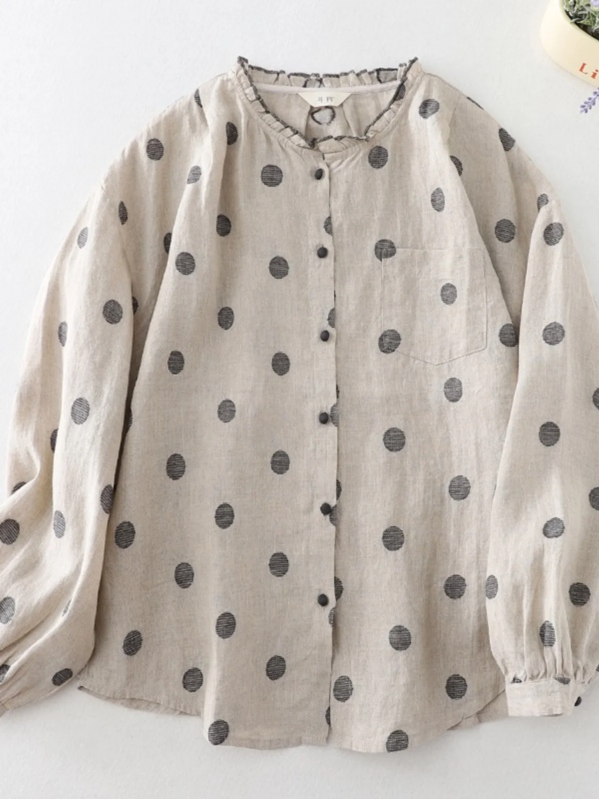 

Retro Japanese Sle Long Sve Cotton Linen irt Women's Spring Summer Loose Fit Polka Dot Print Slimming Top