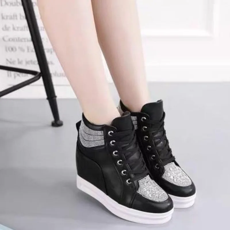 High Top White Shoes Woman Platform Rhinestone Female Fashion Casual Shoes Wedge Heel 2026 New Lady Leisure Sneakers Woman Shoe