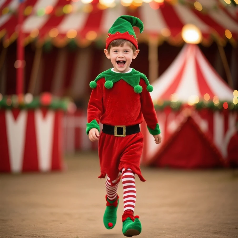 5Pcs Christmas Sets For Children New Year Elf Costume Kids Dress+Hat+Socks+Shoes+Belt Red Xmas Boys Girls Party Dresses Birthday