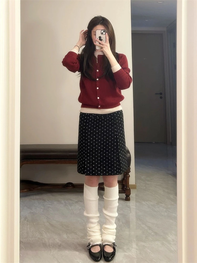 Retro polka dot cintura alta a linha saia feminina outono novo sle emagrecimento mistura de lã envoltório em torno da saia midi