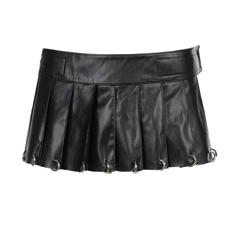 HEYounGIRL Women Sexy Leather Miniskirt Metal Ring Detail Low Waist Stylish Pleated Short Skirt Punk Grunge PU Rave Outfits 90s