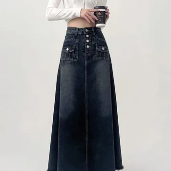 여성용 스트리트 웨어 Y2k 스커트, 2024 Ropa Mujer 하이 웨이스트 A 라인 빈티지 Jupe 패션, 캐주얼 한국 사이아 롱 데님 스커트, 7n185 