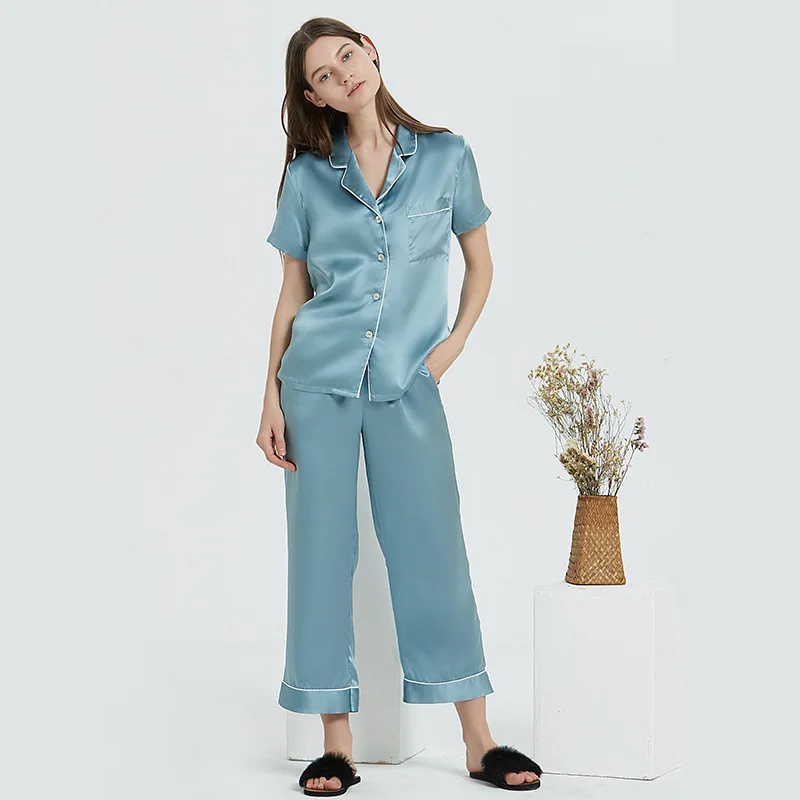 

High Quality 16Momme Short Sleeve Trousers Style Silk Pajamas Suit Women's Summer Comfortable