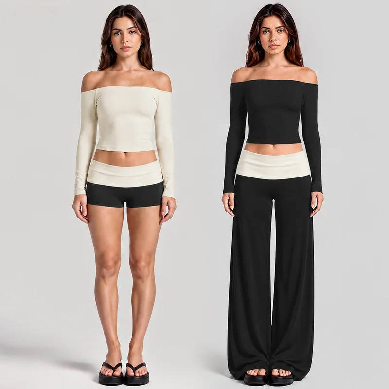 Off Shoulder Long Sleeve Yoga Set Color Block Figure Hugging Crop Top 2 Piece Outfit for Casual Commuting Fitness Sports Wear