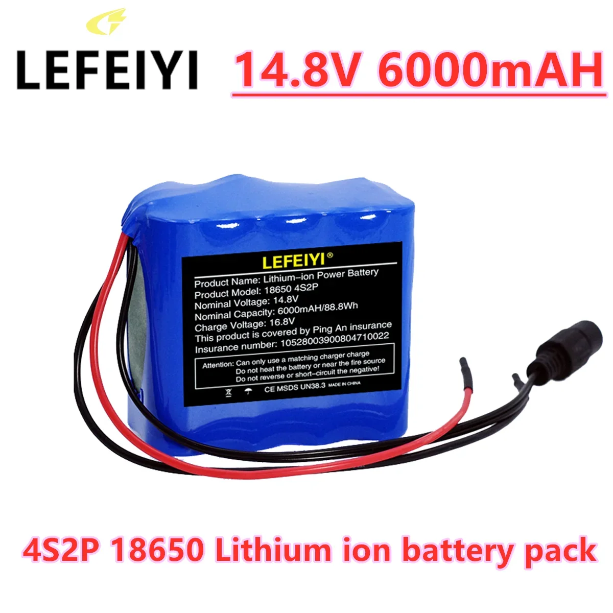 14.8V 6.0A 18650 Lithium Battery Pack 4S2P 6000mAh Built-in 10A BMS for Bluetooth Speakers and Night Fishing Lights