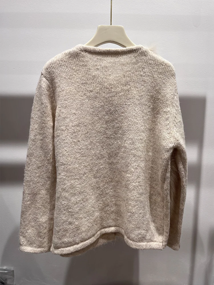 เสื้อคลุมคาร์ดิแกนถักไหมพรมขนสุนัขจิ้งจอกแท้ธรรมชาติสำหรับผู้หญิง ฤดูใบไม้ร่วง ฤดูหนาว แขนยาว สไตล์หรูหรา