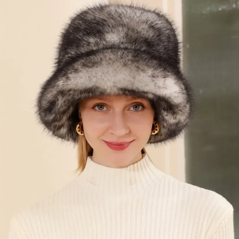 Faux Fur Bucket Hats for Women Winter Large Thick Fluffy Russian Hats Female Beanies Mongolian Cap