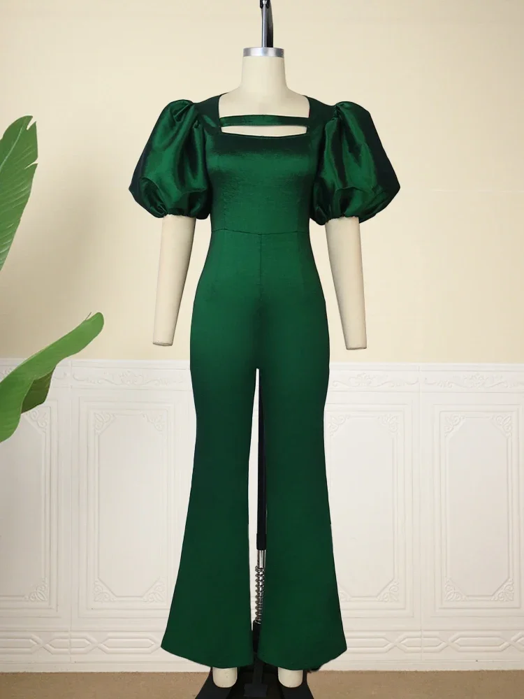 AOMEI Jumpsuit Women Christmas Shiny Green Bodycon Sexy Party Short Lantern Sleeves Slim Fit Rompers High Waist Fall Large Size