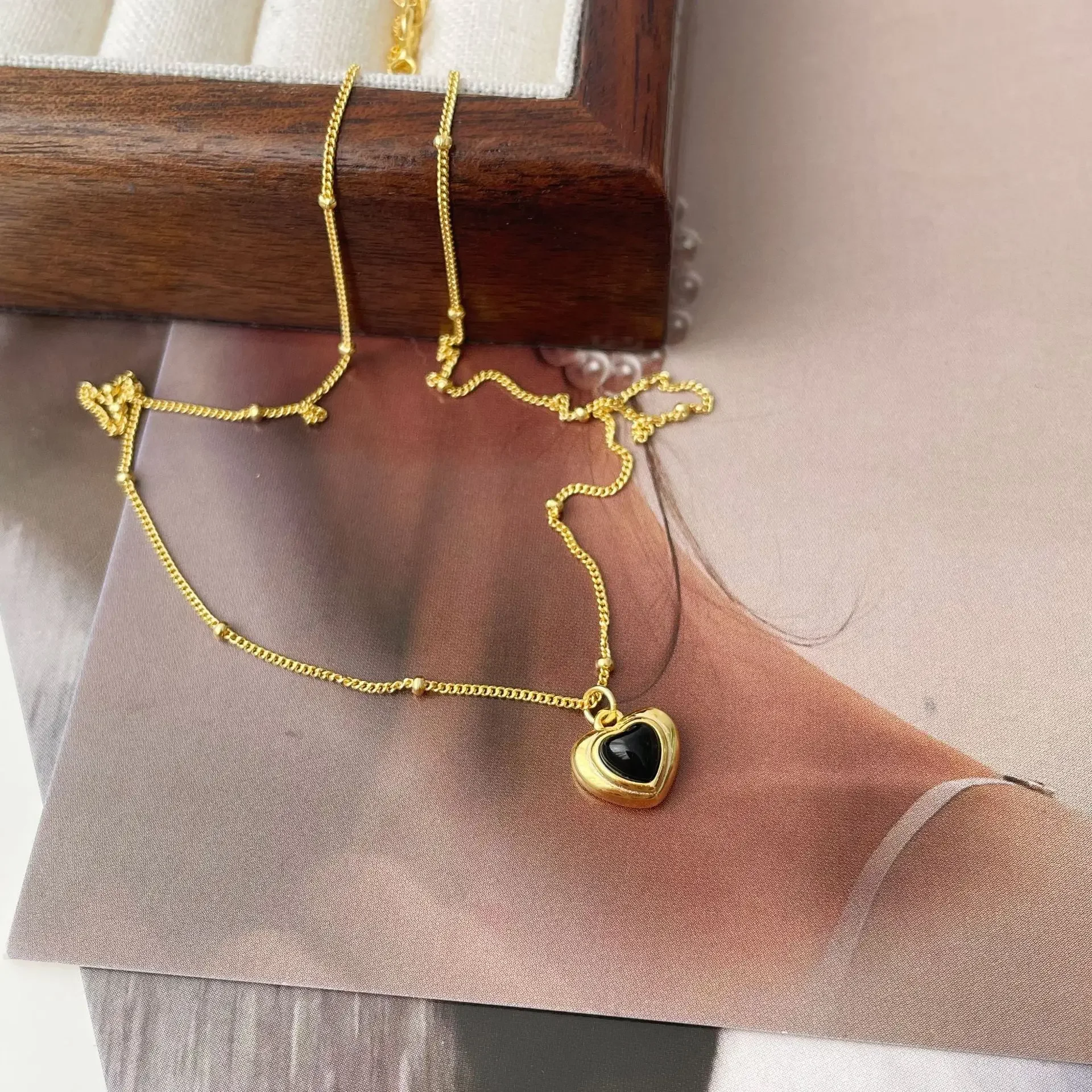 Real Shot Girl\'s Heart Sweet S925 Sterling Silver Love Black Agate Necklace Femininity Heart Pendant Collarbone Chain