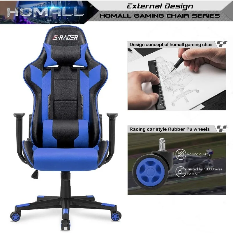 Homall Gaming Executive Ergonomische Verstelbare Draaibare Taakstoel Met Hoofdsteun En Lendensteun (Blauw)