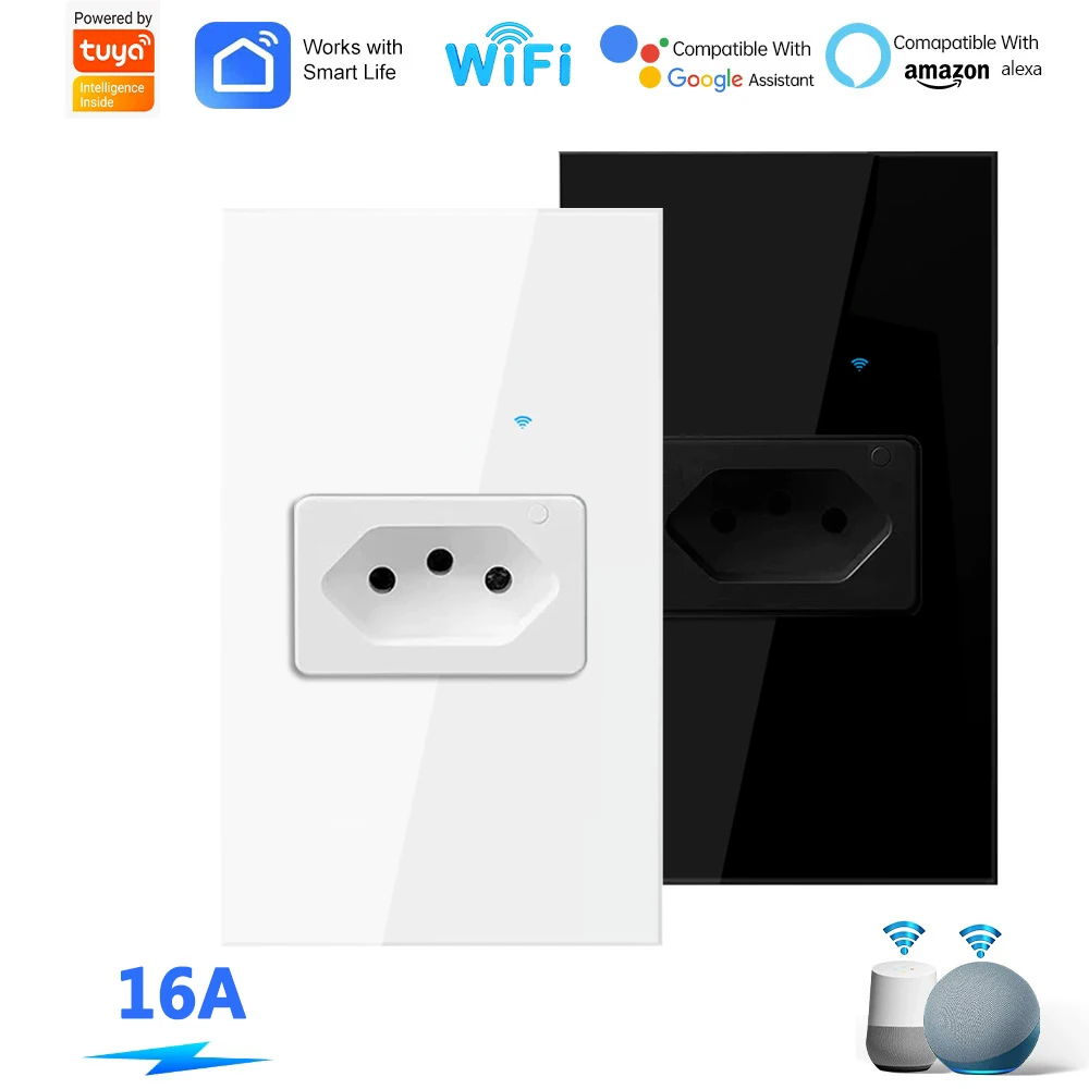 Works with Tuya 16A Brazil Standard Wifi Smart Plug Socket Work with Google Home Alexa with Power Monitor APP Remote Control