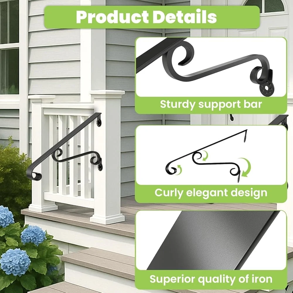 Wall Mounted Wrought Iron Handrail Outdoor Stair Railing 1-2 Steps Safe Reliable Design Easy Installation Strong Support