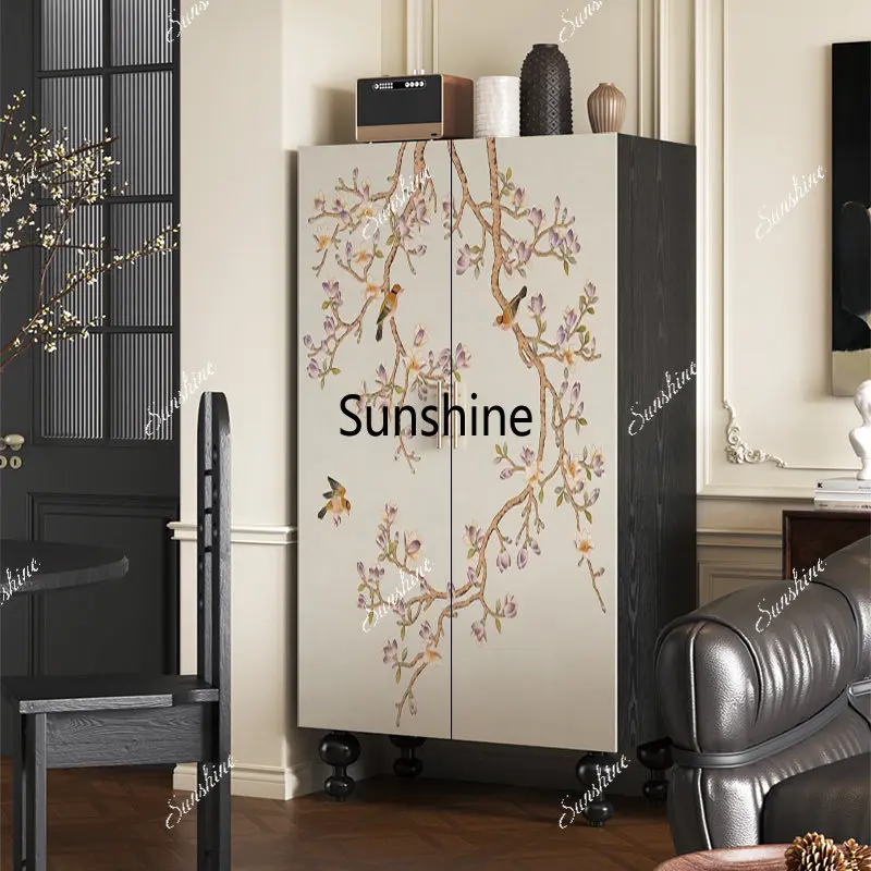 Bedroom home storage New Chinese-style living room installation-free integrated wall solid wood hanging wardrobe