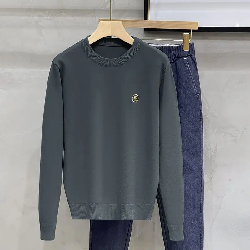Men's Autumn Winter Solid Pullover Round Neck Striped Embroidered Screw Thread Lantern Long Sleeve Sweater Knitted Casual Tops