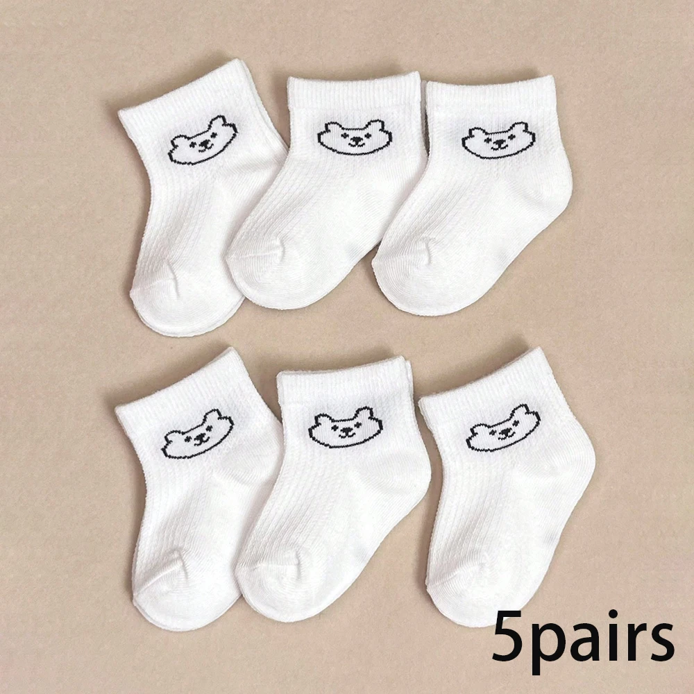 5pairs/set Infant Cartoon Solid Color Baby Socks Soft And Comfortable White Mid-Calf Socks For Daily Life