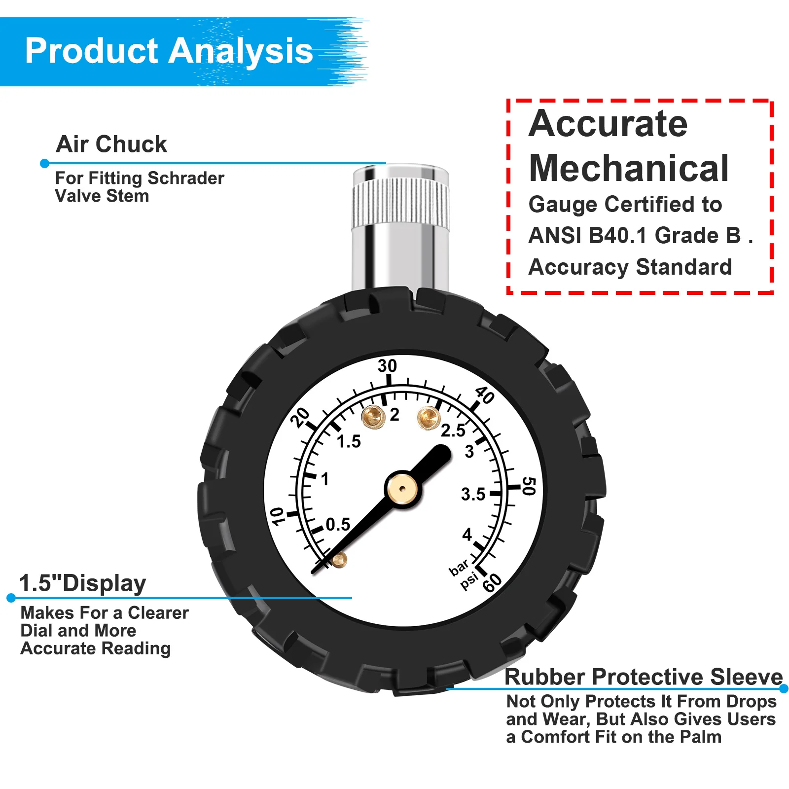 Tire Pressure Gauge 60 PSI ATsafepro Professional Air Pressure Gauge 1.5 inch dial Mechanical Tire Gauge Schrader Valve