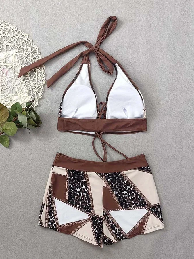 مجموعة البكيني للنساء البني المرقعة عالية الخصر 2 قطعة ملابس السباحة Tankini مثلث عارية الذراعين عطلة الشاطئ ثوب السباحة 2025 جديد