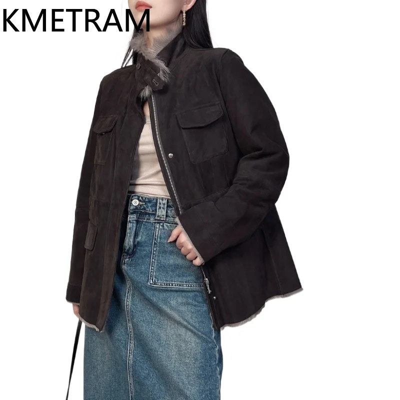 천연 염소 가죽 양털 양면 퍼 재킷 여성 스탠드 칼라 리얼 퍼 코트 겨울 가죽 재킷 여성 의류 2025 шуба