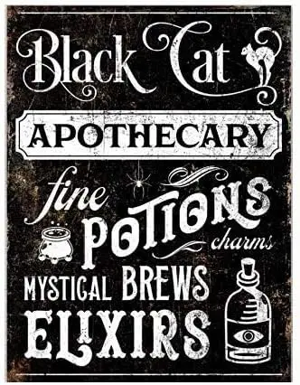 Black Cat Apothecary Fine Potions & Elixirs Holiday Metal Tin Wall Art Rustic Fall Sign Creepy Gothic Halloween Xmas Home Ba