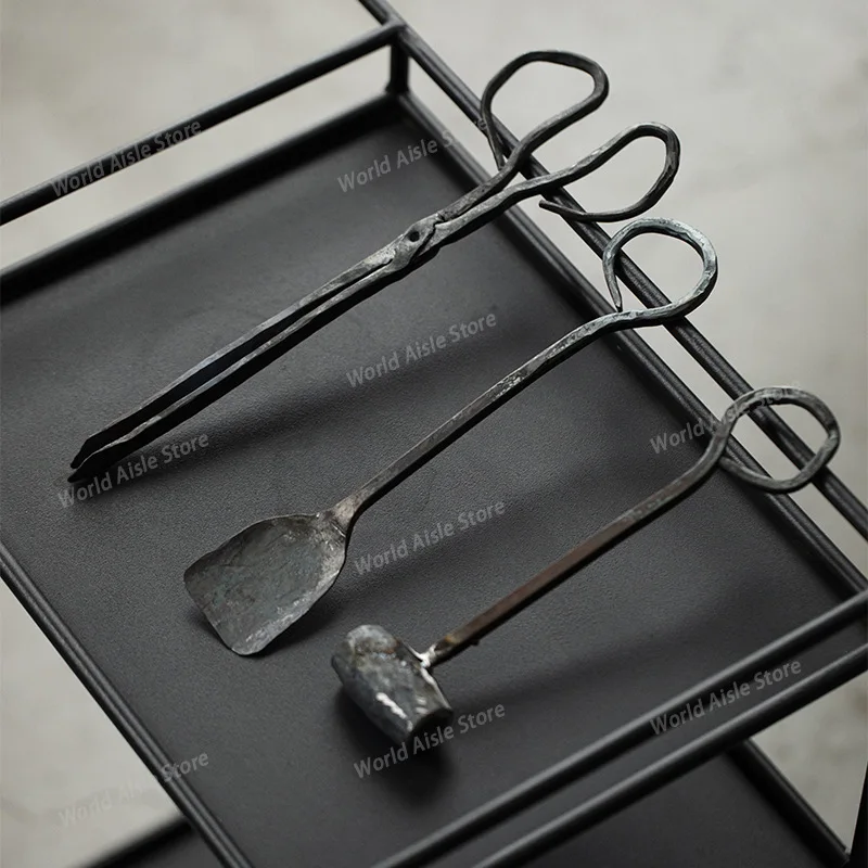 3PCS Handmade Cast Iron Charcoal Tool Set Tongs, Hammer and Ash Shovel for Tabletop Fire Pit & Tea Brewing