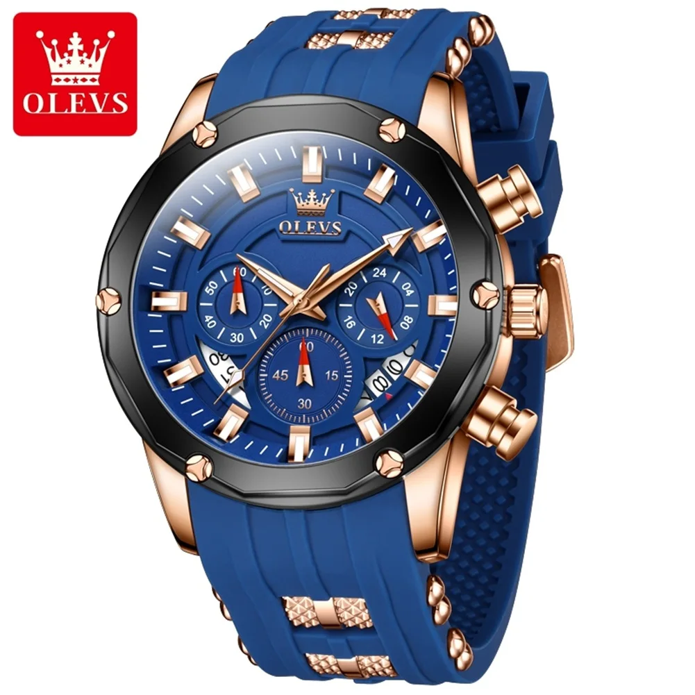 Watches For Men OLEVS Fashion Mens Quartz Watches Luminous Hand Blue Rubber Band Sport WristWatch Relogio Masculino