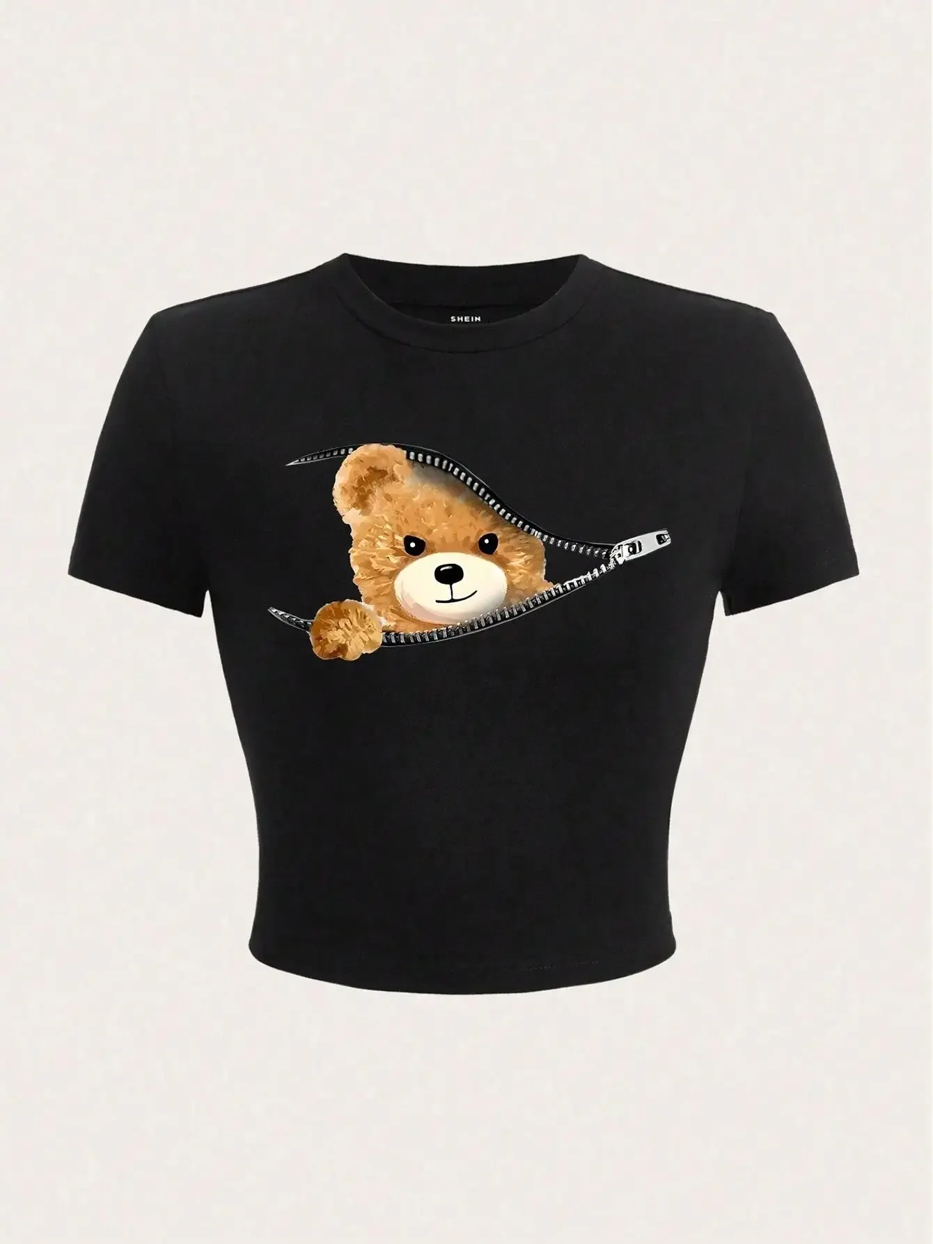 Pink Teddy Bear Appears Funny Graphic Printing Crop Top Cropped Navel Womans T-Shirt Soft Stretch Breathable Females Clothes
