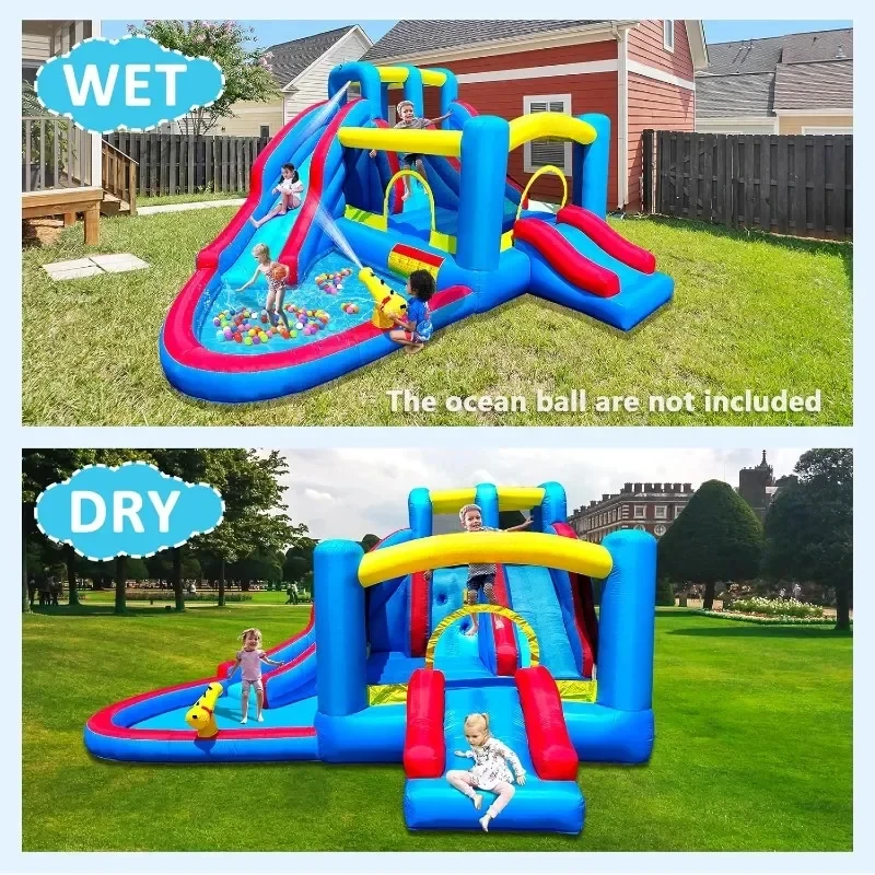 Inflatable Water Slide Blow Up Bounce House Include Slide, Outdoor Backyard Park with Air Blower, Splash Pool, for Kids