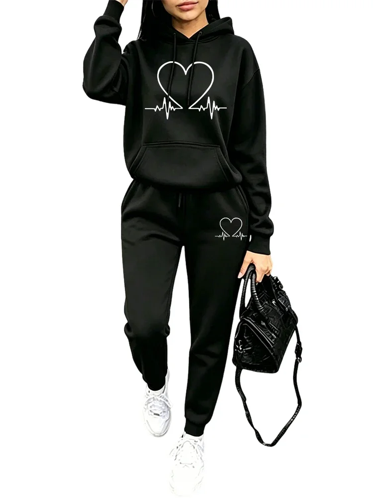 2026 New Arrival Women's Tracksuit Hoodie and Sweatpants Heart Printed Hooded Outfit Fall Winter Daily Casual Sports Jogger Suit view 4