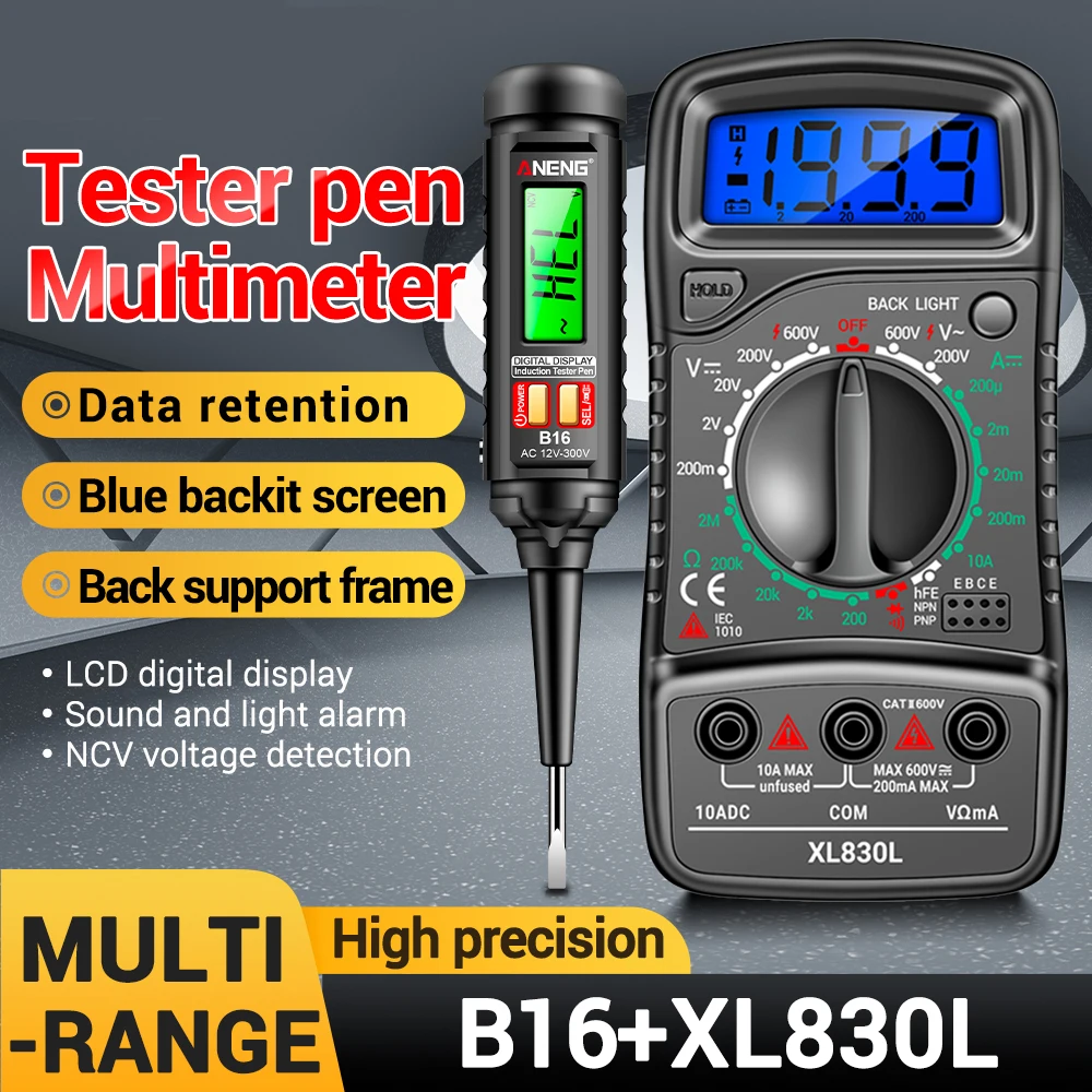 

Digital Multimeter AC/DC VoltageMeter Buzzer hFE Transistors & ANENG B16 Sensing Digital Tester Pen Non-Contact Diagnostic Kit