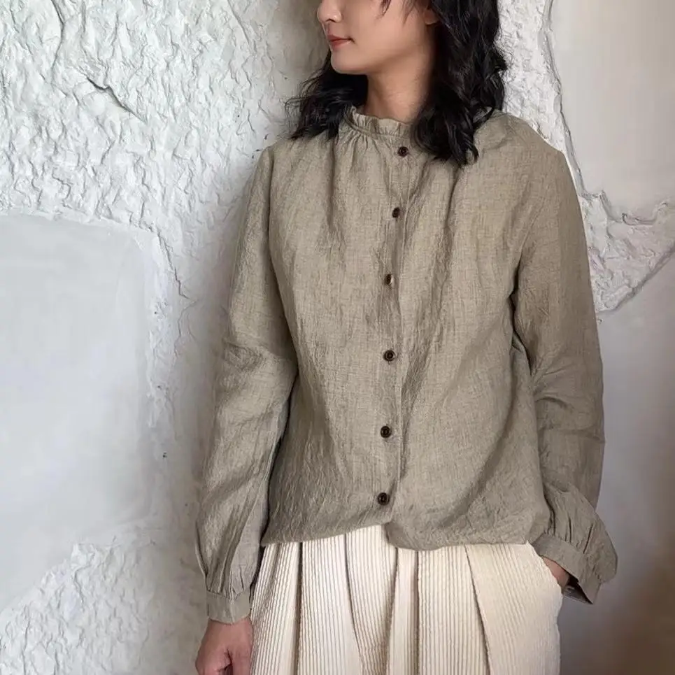 

Women's Long Sleeve Shirt Hanflax Court Sleeve High Temperature Wash Retro Style Commute Fashion round Neck Cotton Linen Blend