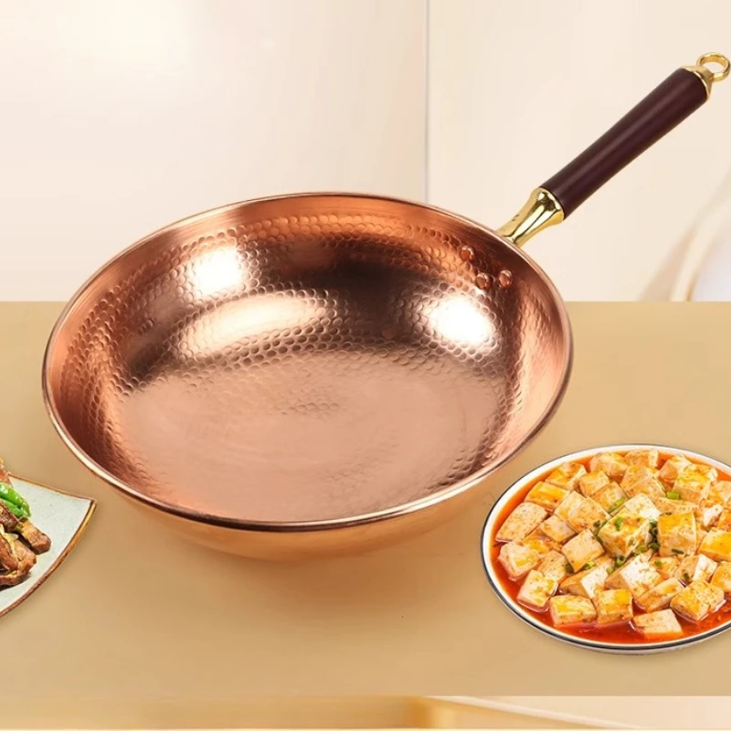 Hand-Forged Pure Copper Wok Pan Non-Stick Without Coating Traditional Cookware for Home & Commercial Use Ergonomic Handle
