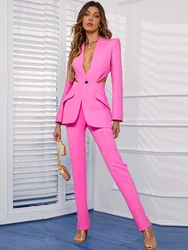 Pink Festival Outfit Women 2024 New Trends Perspective Mesh Splicing Waist Slim Suit Jacket Pencil Pants Set for Women Outfits