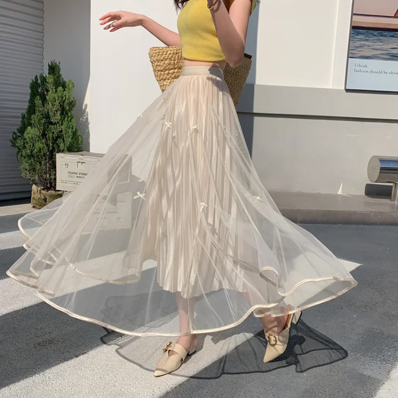 

Korean Style Elegant Nesh Tulle Pleated Long Skirt Women Clothing Spring Summer High Waist a Line Black Casual Fairy Skirts
