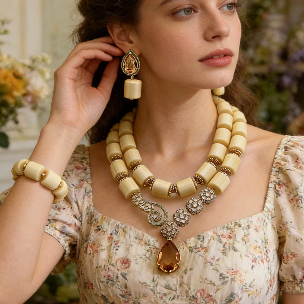 

Роскошные комплекты украшений из кубического циркония и полимерных бусин: ожерелье, серьги, браслет для женщин, эффектные украшения, африканские нигерийские свадебные подарки