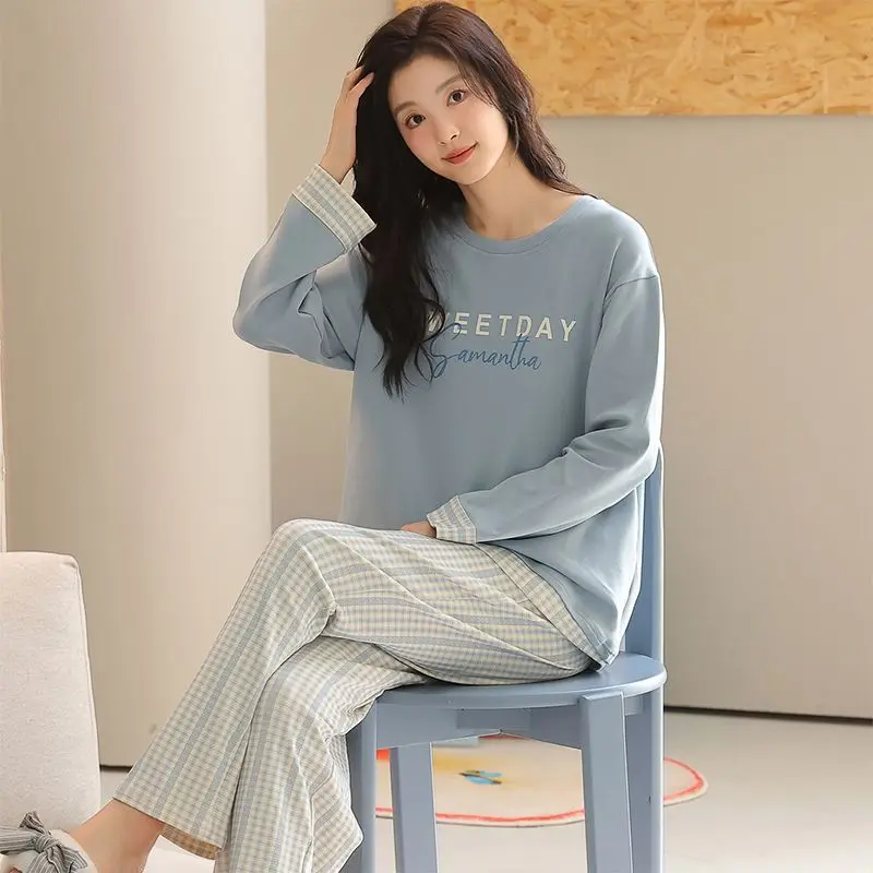 

2026 весенне-осенние пижамные комплекты из 100% хлопка с длинными рукавами для женщин, милая корейская одежда для сна, домашняя одежда, Pijama Mujer, домашняя одежда