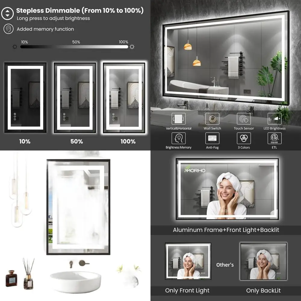 

24x36 Inch LED Bathroom Mirror with Front and Back Lighting, Black Edge, Step Dimmable, Anti-Fog, Shatterproof, Memory, 3 Colors