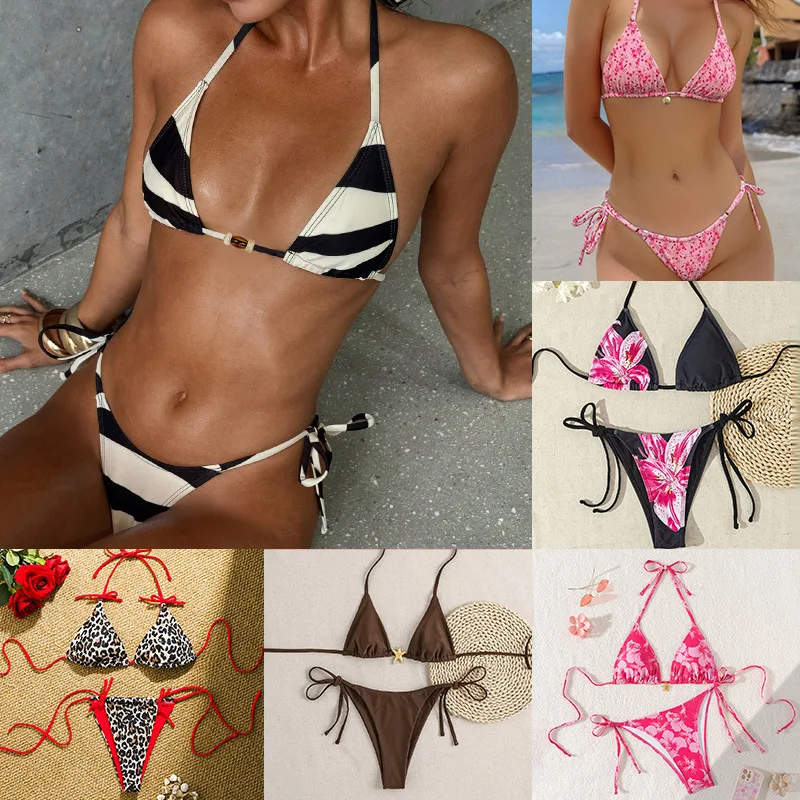 

Swimwear 2025 New Lace Up Swimsuit Bikini Beach Style Swimsuit Set Print Bathing Suit Women